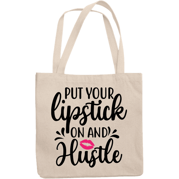 12oz Canvas Tote Bag - Put Your Lipstick On and Hustle Quote with Lips Design - Beauty Themed Merch for Makeup Artist or Cosmetologist, Gift for Makeup Lovers & Beauticians