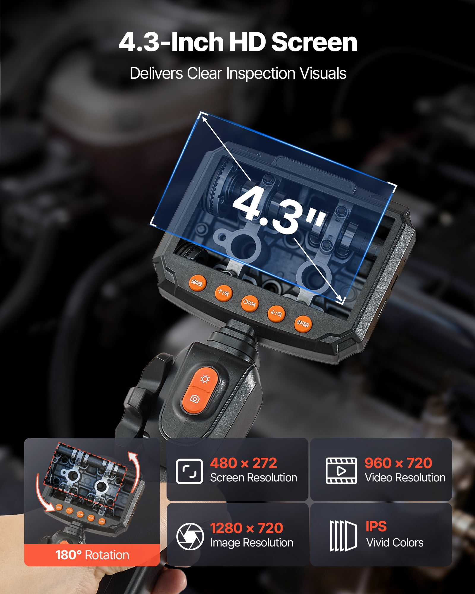VEVOR Articulating Borescope Camera with Light, Two-Way Articulated Endoscope, 0.24" Slim Lens, 4.3" IPS Screen, 8X Zoom, IP67 Waterproof Inspection Camera for Auto, Mechanical Equipment(4.9FT Cable)