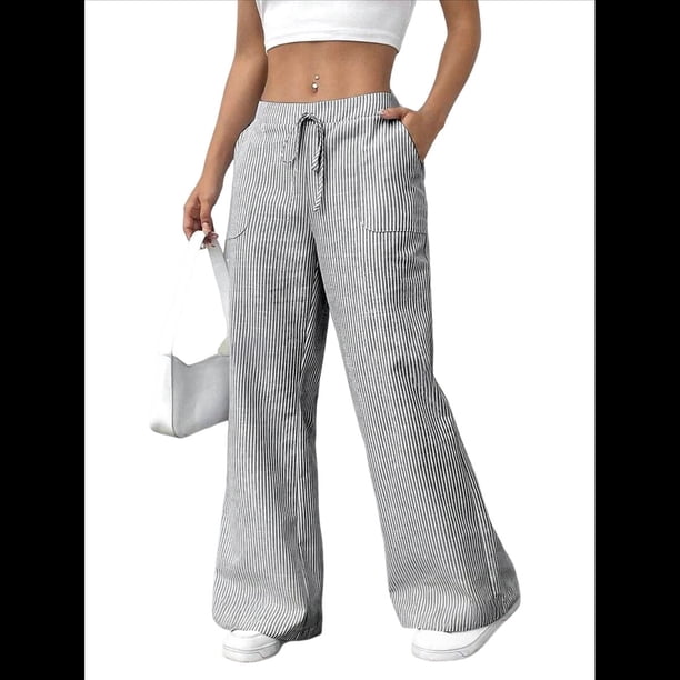 Pantalones de Salón A Rayas de Pierna para Mujer, Cintura Elástica y Bolsillos Gris XL