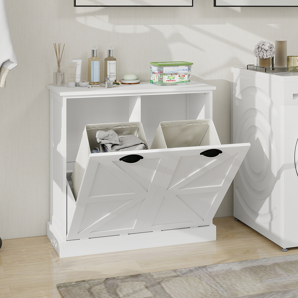 MIDOQIN Double Tilt Out Laundry Hamper Cabinet, Wooden Hidden Laundry Sorter Cabinet Free Standing Trash Can Cabinet for Home, Living Room