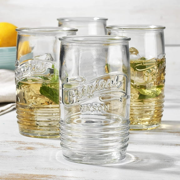 Glass Tumbler Drinking Glasses Set of 4 – Genuine Artisan-Made Vintage Italian Original Mason – Elegant 20 Oz Clear Tumbler Glassware Set for Refreshing Drinks, Beverages, Iced Tea.