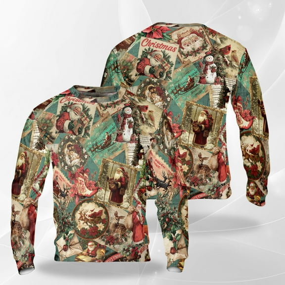 Vintage Christmas Santa Sweatshirt, Retro Holiday Crewneck, Classic Santa Postcard & Snowman Design, Cozy Xmas Pullover for Men Women, Timeless Holiday Sweater