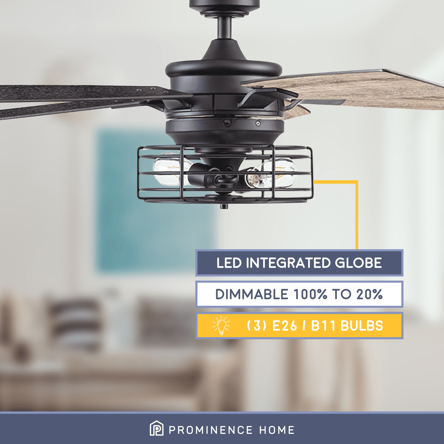 Prominence Home Cypher 52" Black Industrial Ceiling Fan with 5 Blades, Cage Light Kit, Pull Chains & Reverse Airflow