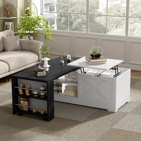 Leumius Lift Top Coffee Table with Storage,Rectangle Wood Center Table With Barn Doors and Open Cabinet, For Living Room, Bedroom, Home Office,White Black