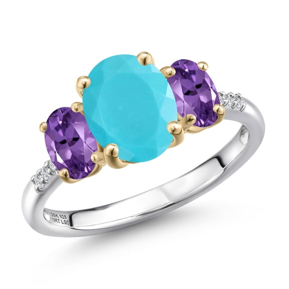 Gem Stone King 925 Silver and 10K Yellow Gold Green Turquoise and Purple Amethyst and Lab Grown Diamond Engagement Ring for Women | 2.46 Cttw | Oval 9X7MM | Birthstone | Size 6