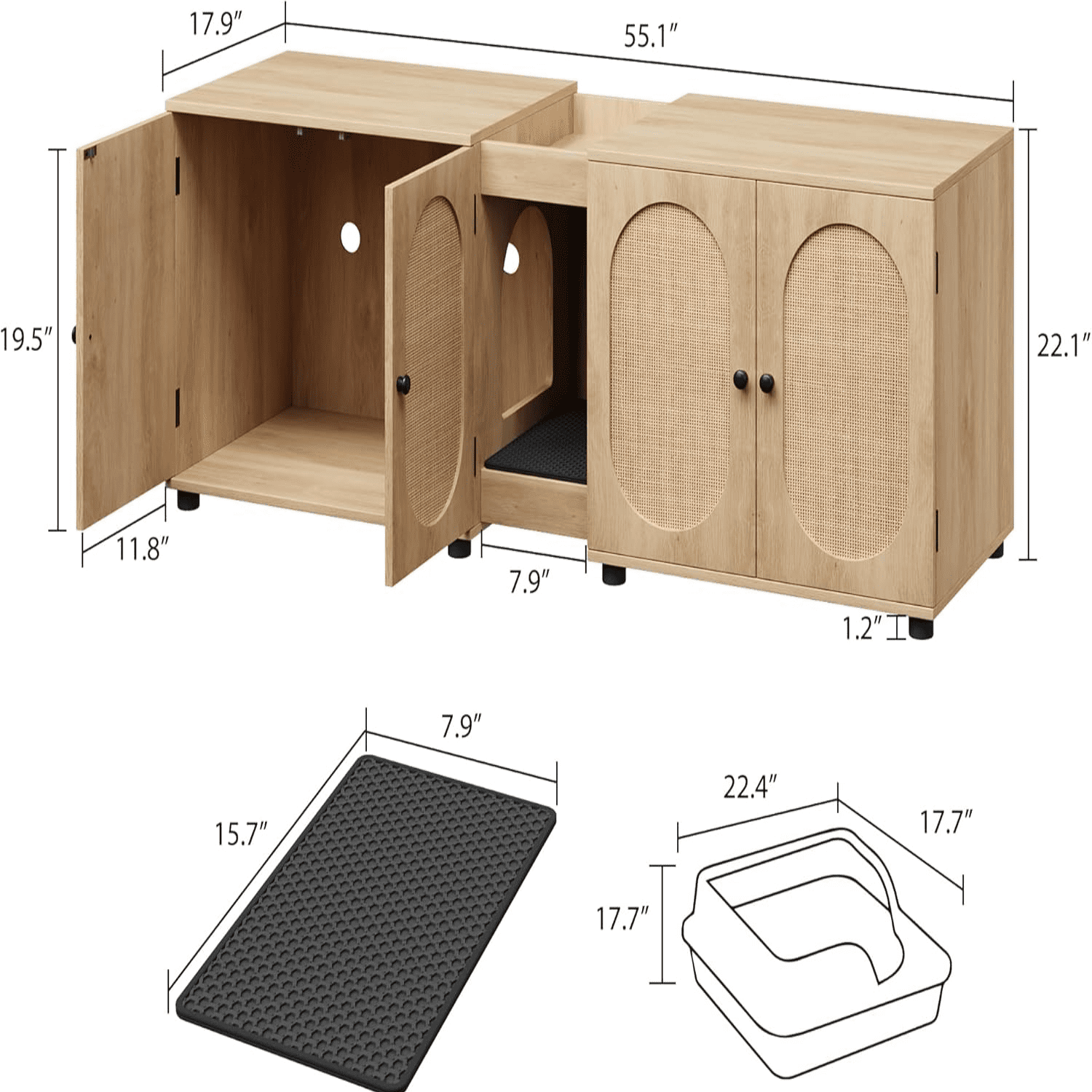 Litter Box Enclosure for 2 Cats,55.1" Cat Hidden Litter Box Enclosure Furniture with Double Room,Modern Wooden Enclosed Cat Litter Box Furniture
