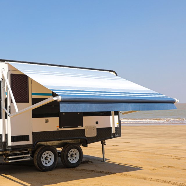 ALEKO 12'X8' Auvent Motorisé Rétractable, Couleur Rayée Bleue