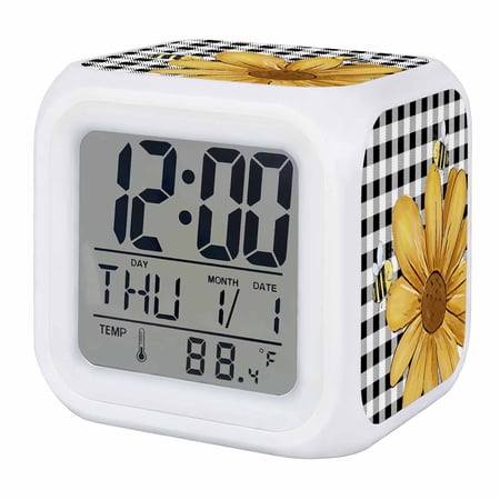 Alarm Clocks Daisy Flower Honeybees Digital Clock 7 Color LED Night Light Silent Non-Ticking Battery Operated Farmhouse Floral Black Plaid Cube Clocks for Bedroom Bedside Living Room Office Decor