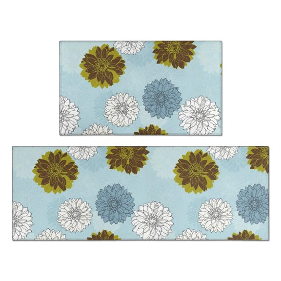 Geometric Flower and Dahlia Blue Anti Fatigue Kitchen Rugs Set Of 2, Non Slip Washable Decorative Floor Mats for Kitchen Sink Laundry, 17"x30" and 17"x47"