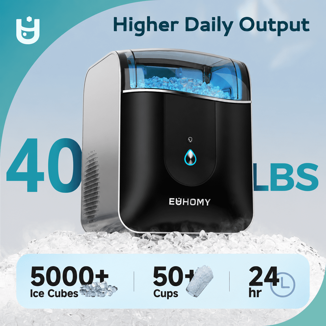 EUHOMY Countertop Nugget Ice Maker - 40Lbs/24H Soft Nugget Ice, Ultra-Quiet & Self-Cleaning, Compact for Home/Party