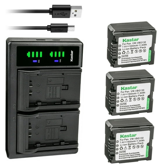 Kastar 3-Pack VW-VBG130 Battery and LTD2 USB Charger Replacement for Panasonic HDC-SD5EG-K, HDC-SD5EG-S, HDC-SD5GC-K, HDC-SD5GK, HDC-SD5BNDL, HDC-SD7, HDC-SD8K, HDC-SD9, HDC-SD9EG-K, HDC-SD9EG-S