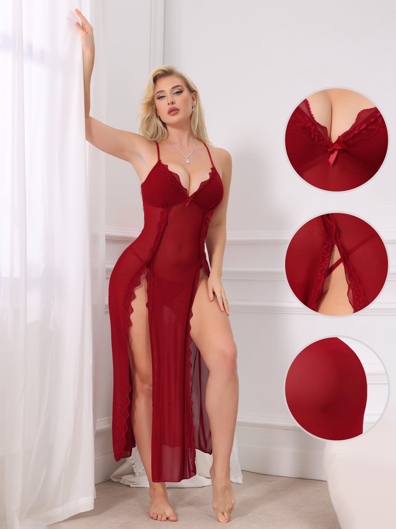 DARING DIVA Women's Long Side Split Lace Nightdress Mesh V Neck Lingerie Set L Wine Red