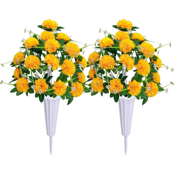 Silks Artificial Cemetery Flowers, Set of 2 Grave Decorations Bulbous Chrysanthemum,Memorial Flowers Bouquet with Cemetery Vase for Cemetery Headstones Decoration (Red)