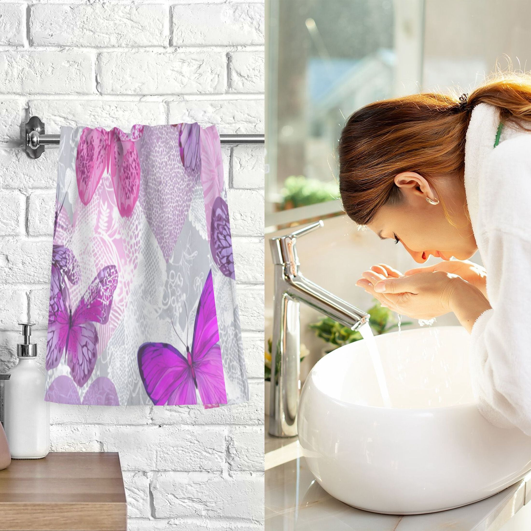 2 Pieces of Cotton Towel Face Towel Set Hand Towel Bath Towel Cotton Bath Towel Sets Pink Purple Butterflies