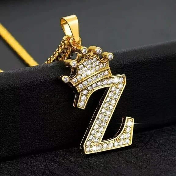 1.25Ct Real Moissanite Crown Initial Letter "Z" Pendant 14K Yellow Gold Plated