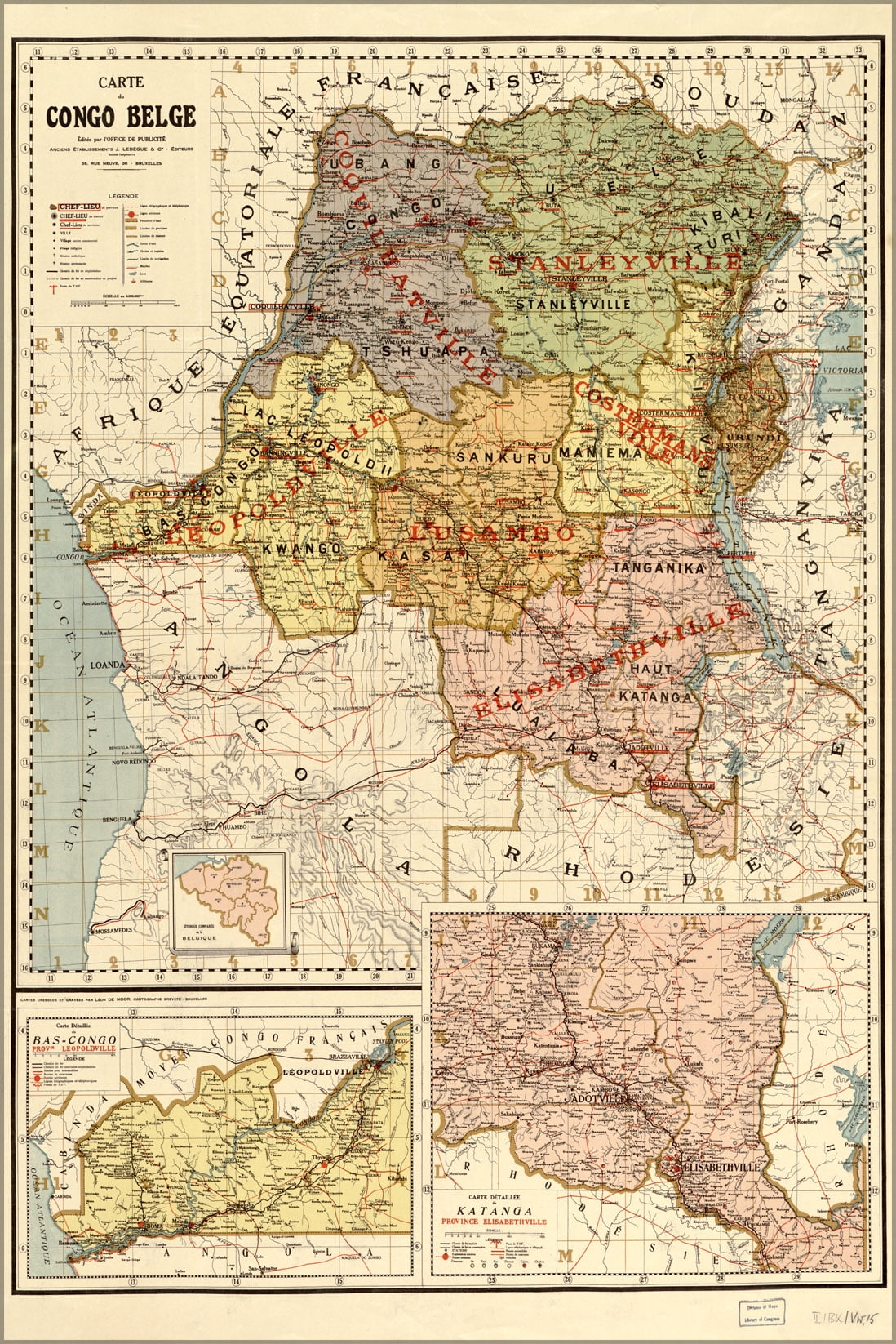 24"x36" Gallery Poster, Carte du Congo Belge map of belgium congo 1886