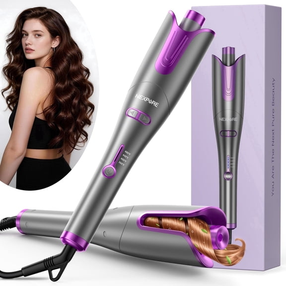 NEXPURE Automatic Curling Iron, 1" Ionic Deep Waver Hair Curler Tool, Ceramic Coating, Fast Heating, Dual Voltage, Anti-Scald, Purple