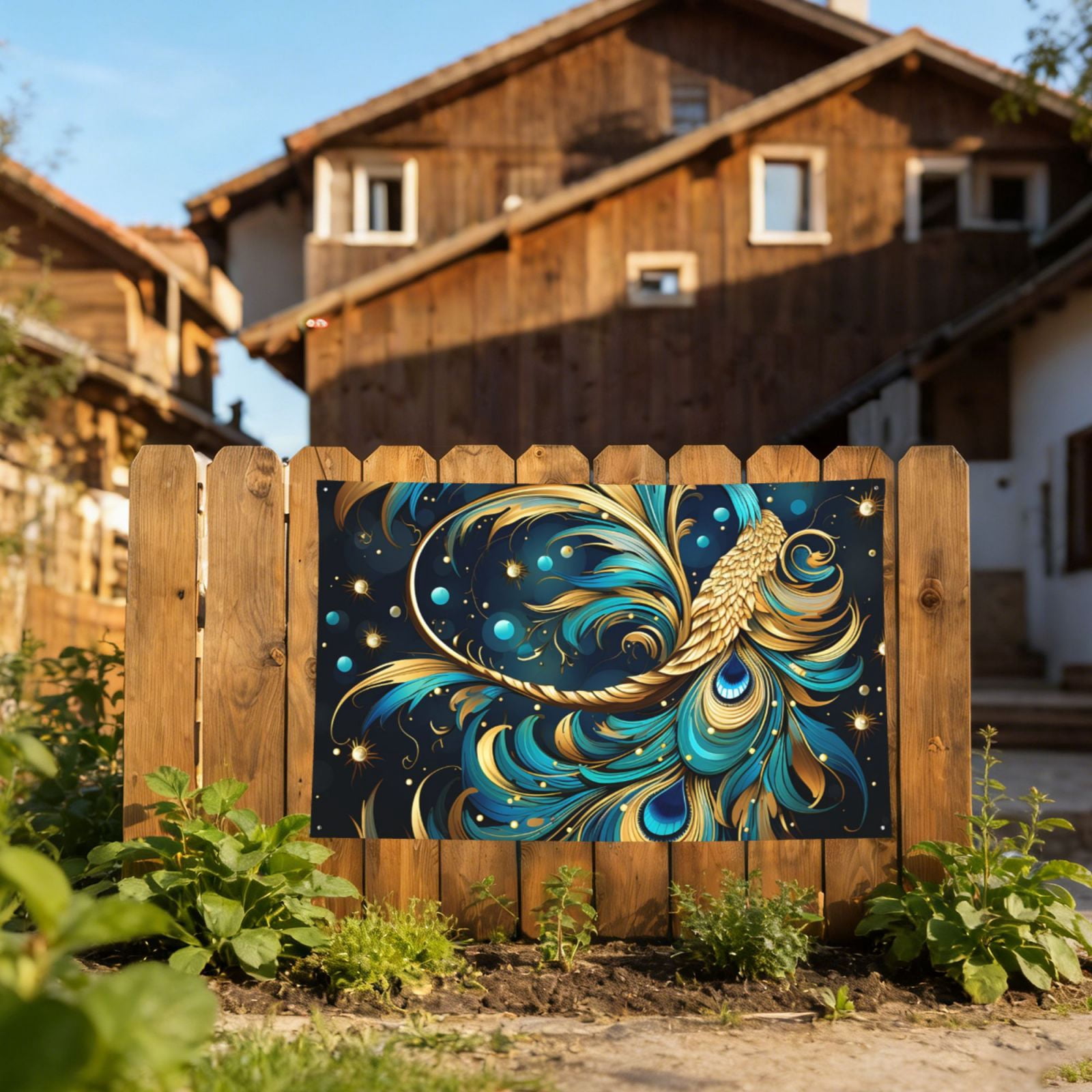 Peacock Feathers Starry Four Hole Decorated Banner Flag for Garden Yard Home Decoration Indoor Outdoor 4x6 Ft