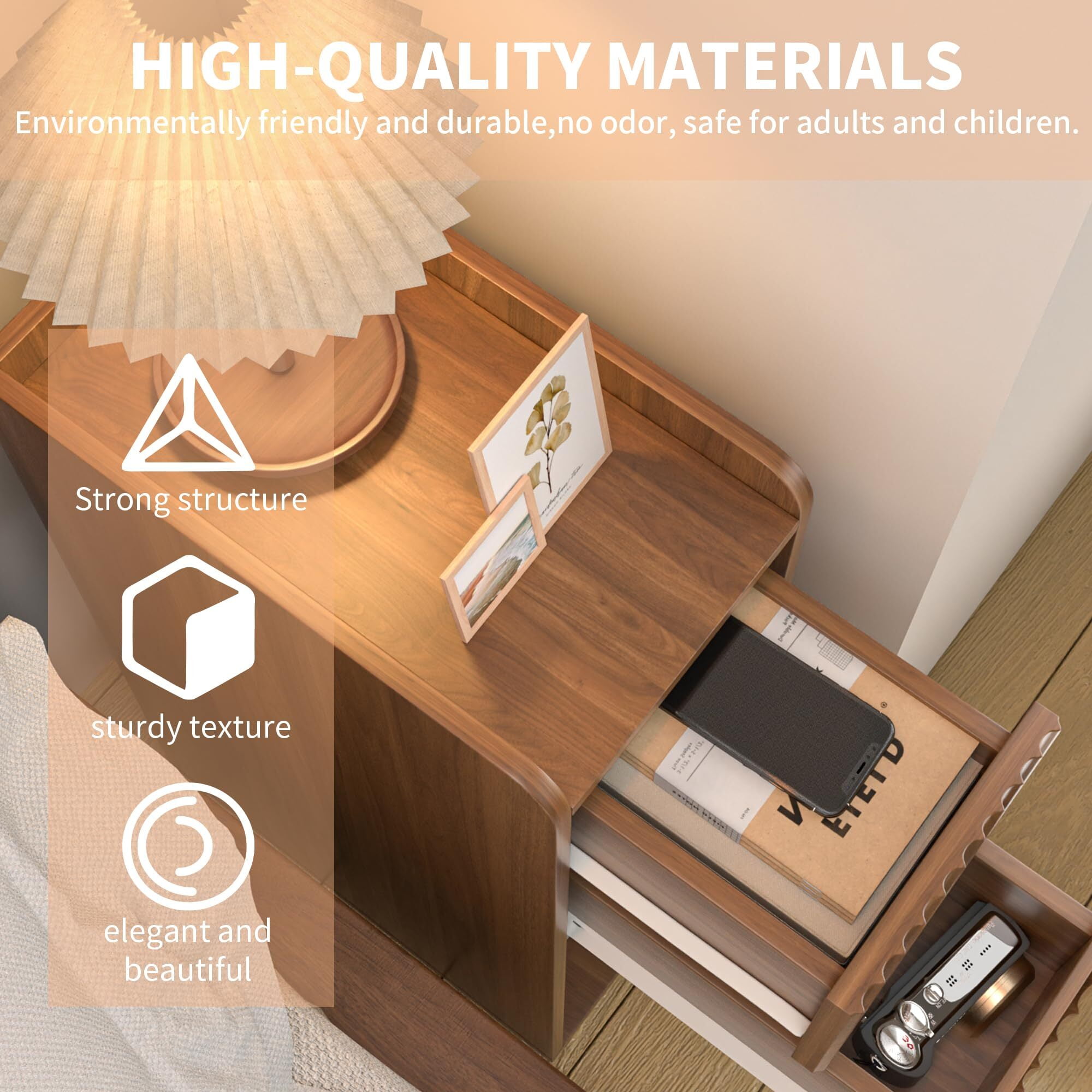 End Tables Set of 2, Small Side Table, Slim Side Table, Wood 2 Drawer Narrow Nightstand
