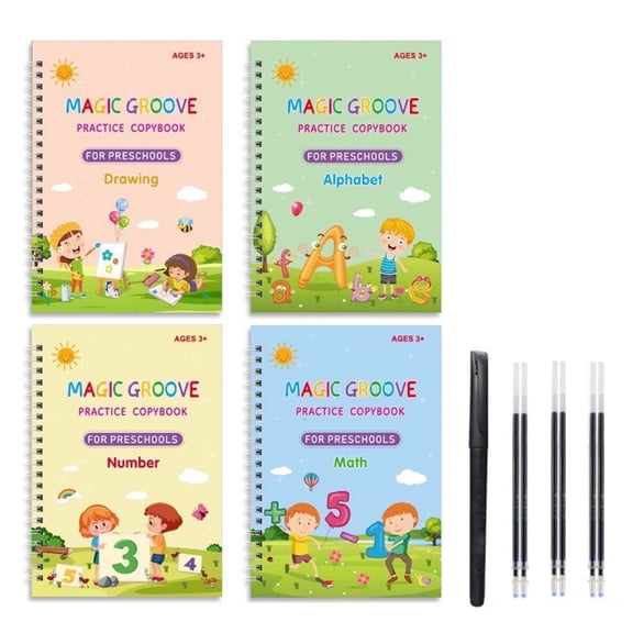 Reusable Grooved Handwriting Workbooks,Reusable Copybook, Writing Practice Copy Books for Preschools Grooves Template Design and Handwriting Aid Practice for Age 3-8 (4 Books with Pens)