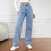 Qetyuw Straight Leg Jeans for High Waist Denim Pants Stretch Wide Leg Button Baggy Trousers with Pockets Comfy Lightweight Tummy Control Palazzo Pants