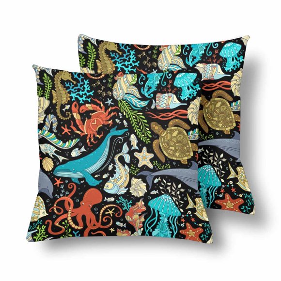 YUSDECOR Colorful Underwater Ocean Animals Pillowcase Pillow Protector Cushion Cover 18x18 inch,Set of 2