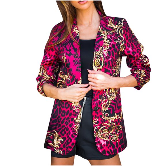 IROINNID Women's Blazer Jacket Long Sleeve Print Notch Lapel Outwear, Leisure Business Attire Leopard Button Slimming Cardigan Jacket