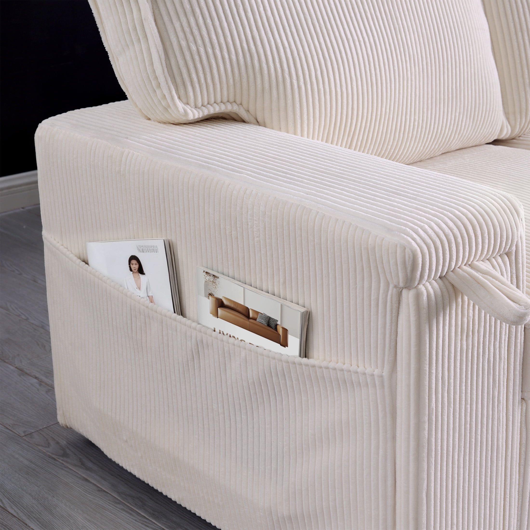 Aukfa Corduroy Pull Out Sofa Bed, Reversible Sectional Couch with Storage Chaise, Hidden Cup Holder, Beige