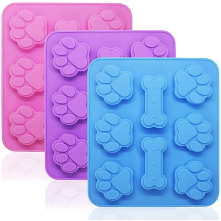 

3 Pcs Silicone Molds Puppy Dog Paw & Bone Shaped 2 In 1 8-Cavity Reusable Ice Candy Trays Chocolate Cookies Baking Pans Oven Microwave Freezer Dishwasher Safe-Pink Blue Purple