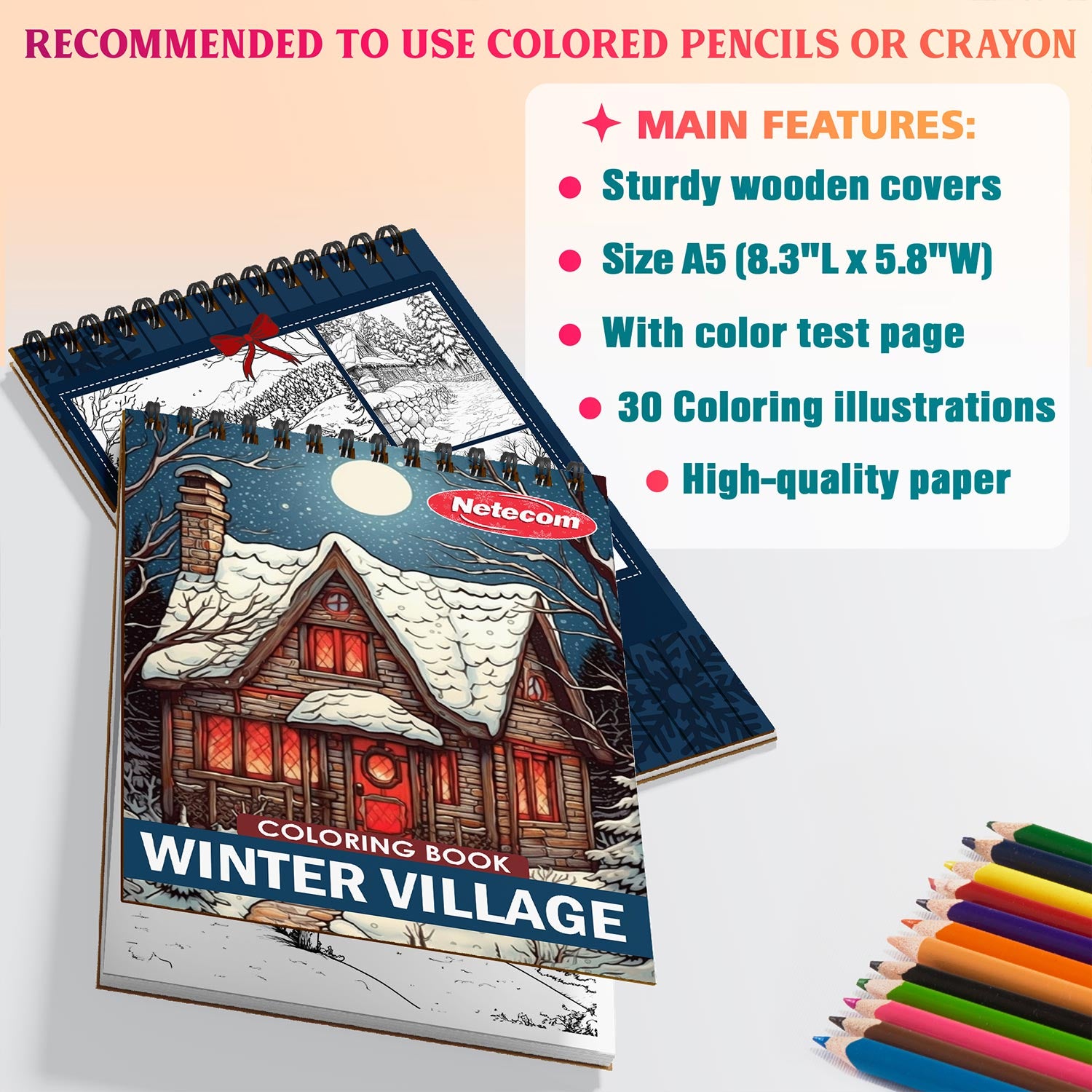 Netecom Winter Village Coloring Book Spiral Bound for Adults, A5 Wooden Cover, 30 Delightful Coloring Pages of Cozy Winter Villages for Stress Relief and Relaxation