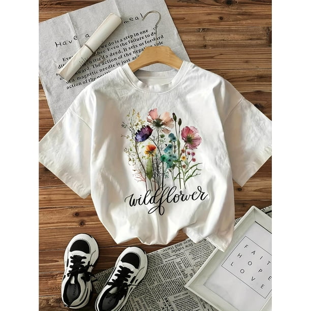 Women'S Floral Graphic Print T-Shirt Casual Crew Neck Short Sleeve Top All-Season Regular Length Tee Summer & Spring Fashion