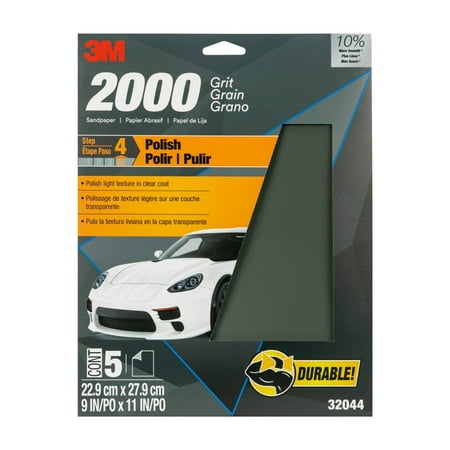 3M Wetordry Sandpaper, 32044, 2000 Grit, 9 in x 11 in, 5 pack