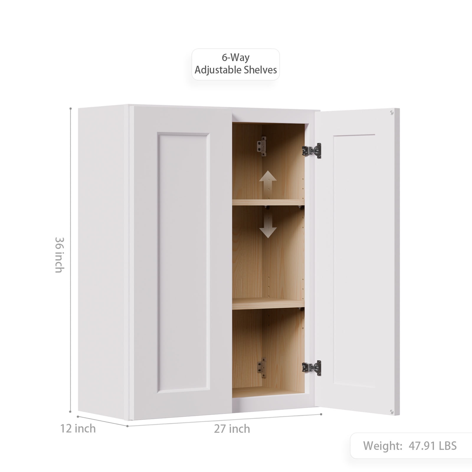 White shaker Solid Wood Double Doors Wall Cabinet 2 Doors and 2 Shelves for Kitchen Storage, Bathroom Storage, Laundry,Adjustable Shelves Ready to Assemble(27"W×12"D×36"H)