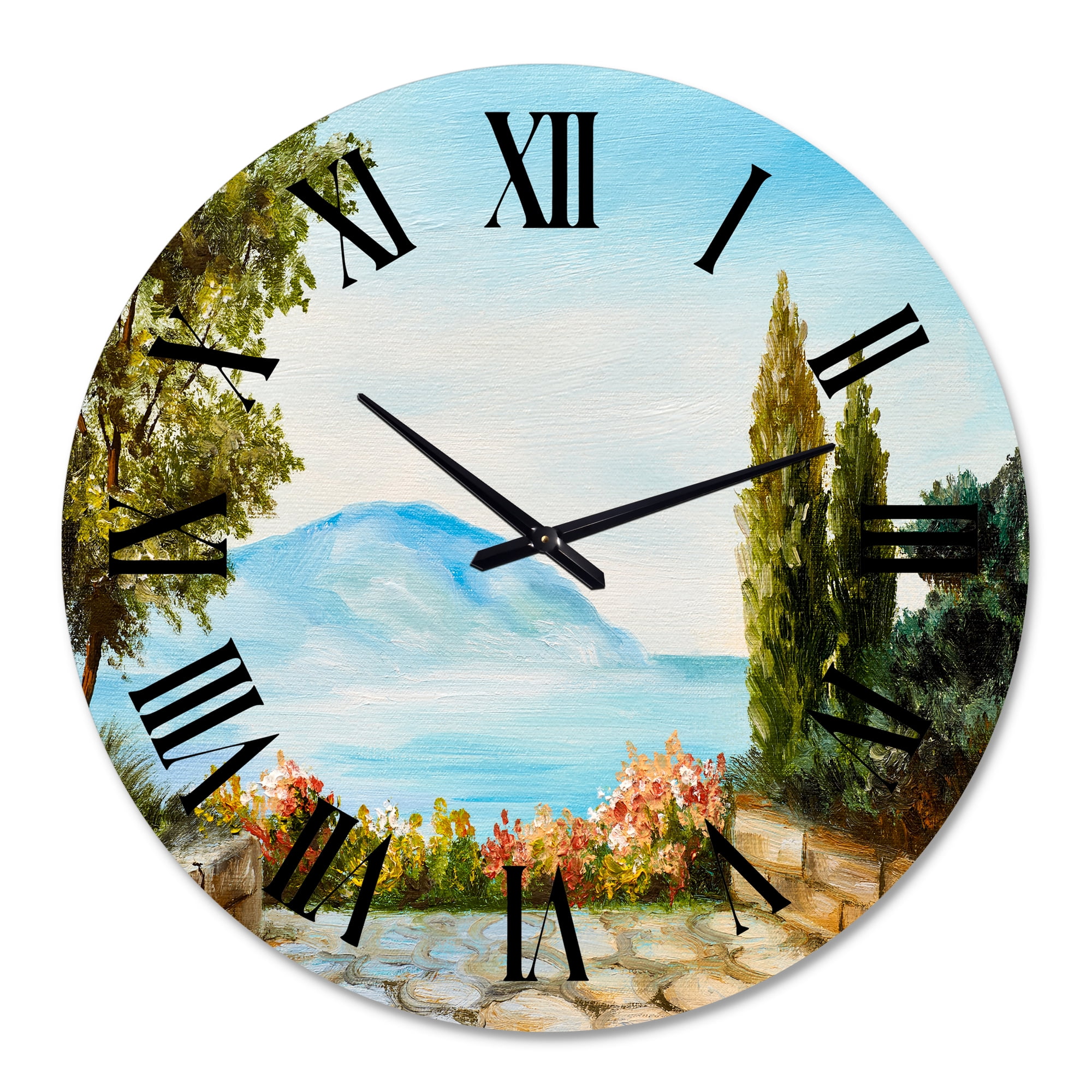Designart 'Mountains View By The Sea Side' Nautical & Coastal Wall Clock