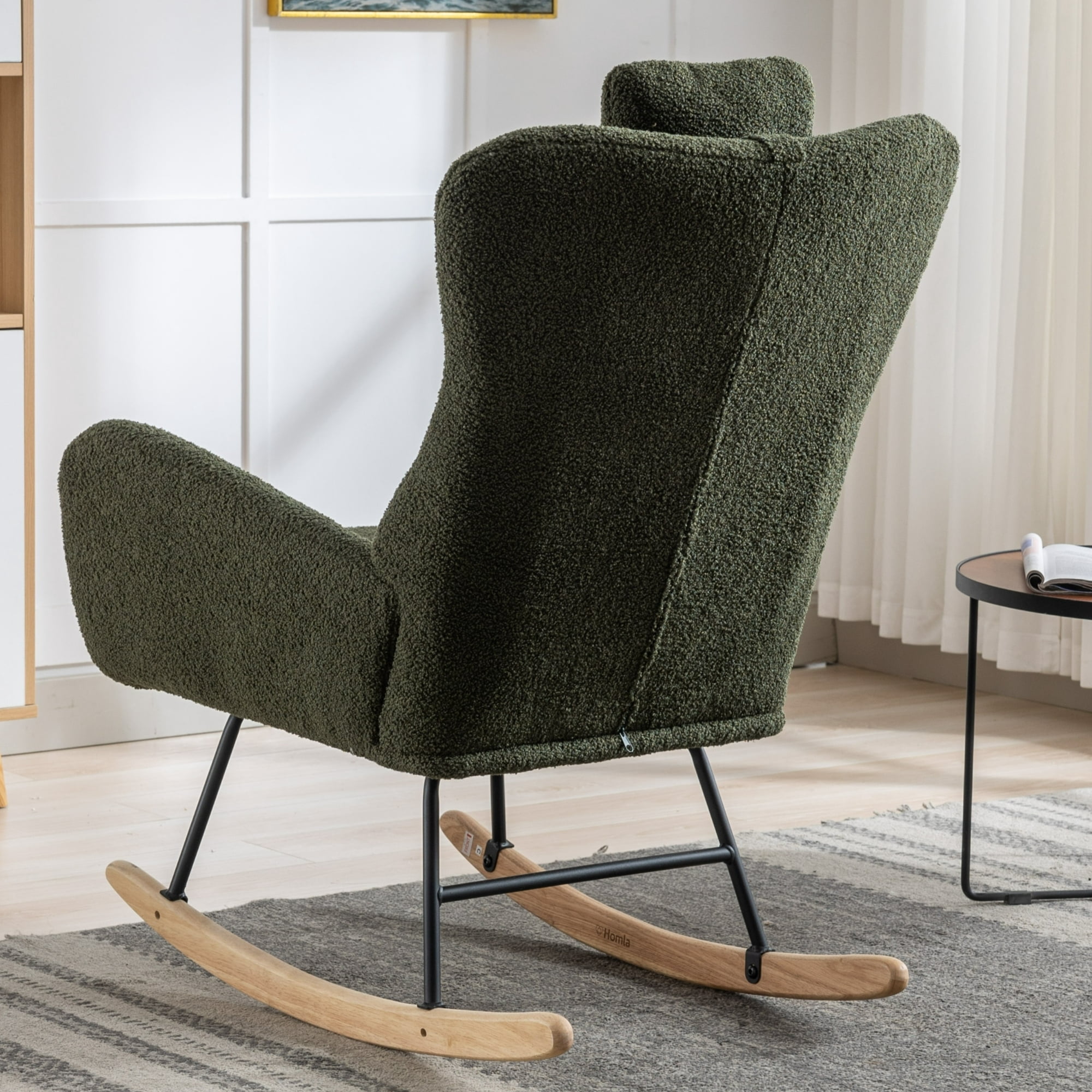 Leumius Nursery Rocking Chair, 35.5" Teddy Fabric Upholstered Glider Rocker with High Backrest, Modern Rocking Accent Chairs Comfy Side Chair for Nursery, Bedroom, Living Room,Dark Green