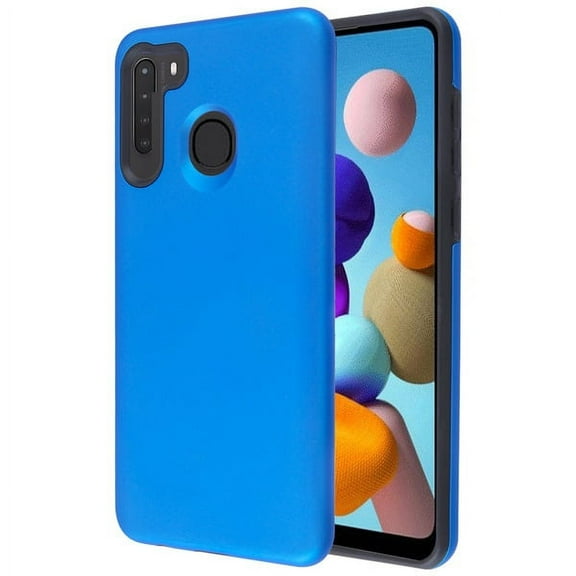 Samsung Galaxy A21 Phone Case Slim Hybrid Armor Shockproof Impact [Shock Absorption] Rubber Dual Layer Rugged Protective Hard PC Bumper Frame & Soft TPU [BLUE BLACK] Cover for Samsung Galaxy A21