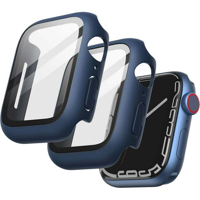 KOMI Case with Screen Protector for Apple Watch Series 9 8 7 45mm, Overall Protective Cover, Built-in Tempered Glass Film High Sensitivity, 2 Pack (Blue)