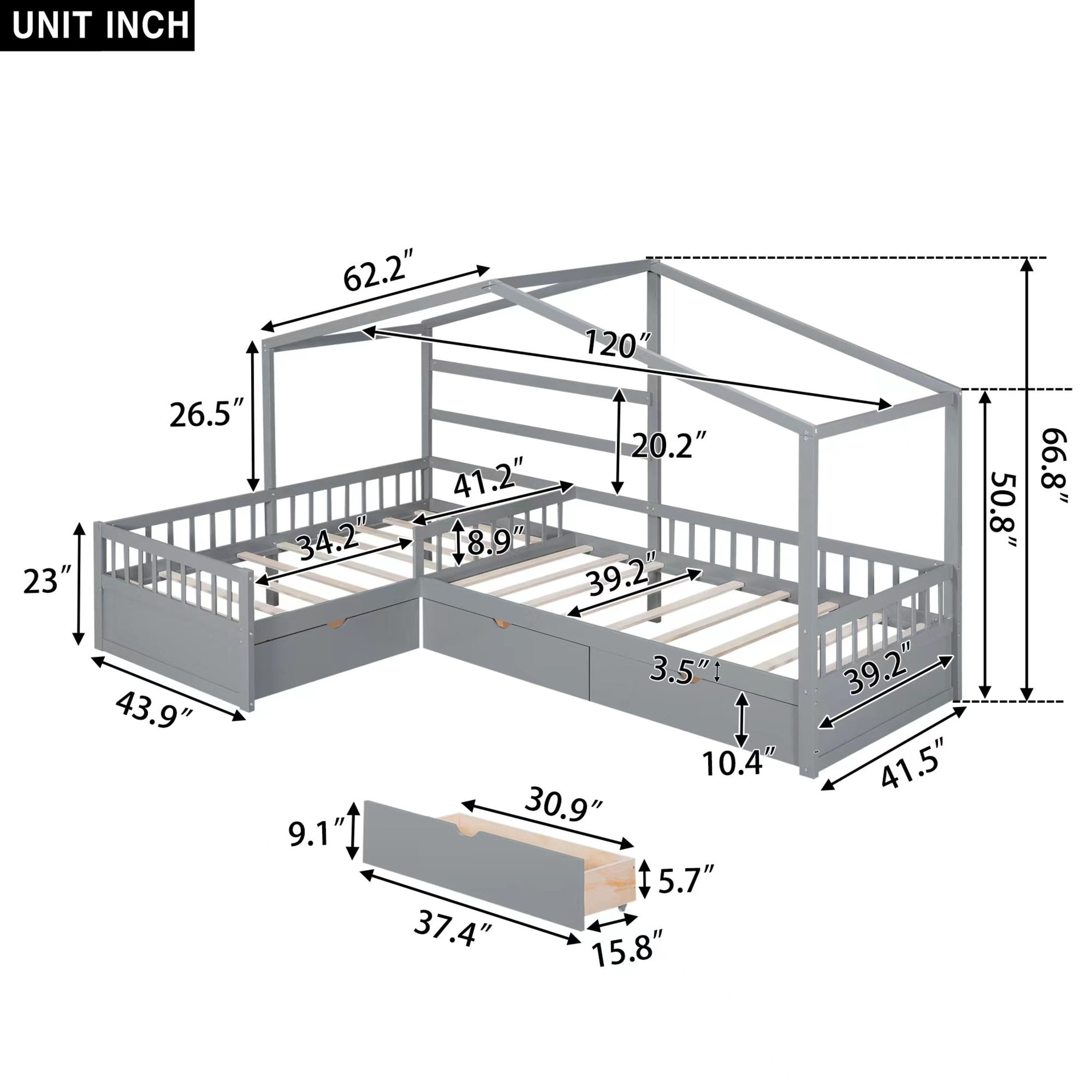 Noble House Yorke Twin Size House Platform Bed with 3 Storage Drawers, L-Shaped Solid Wood Frame, Gray