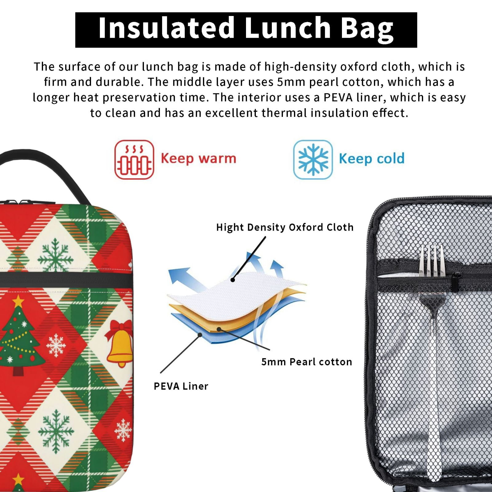 Lunch Bag For Women Men Insulated Portable Lunch Box Bento Box Office Picnic Travel Cooler Bag Christmas Checkered Pattern