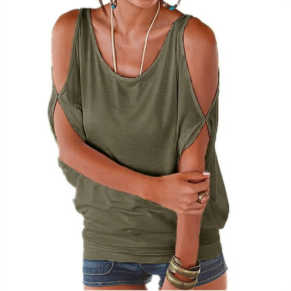 Blusa holgada de manga corta con cuello redondo y hombros descubiertos para mujer