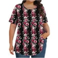 thumbnail image 3 of DDAPJ pyju Blouses Grande Taille pour Femmes Col Rond Chemise Plissée Imprimé Floral Vintage Manches Courtes Tunique en Solde Rouge G, 3 of 9