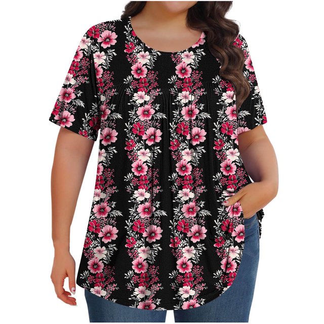 Top Plisado Gradiente de las Mujeres, Cuello de la Tripulación Manga Corta Blusa Suelta para el Hogar Y el Uso Diario, Ligera Túnica de Moda Casual