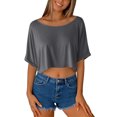 thumbnail image 7 of Miluxas Women's off Shoulder Batwing Sleeve Crop Top Loose Fit Rolled Cuff Casual Summer T Shirt Gray, 7 of 7