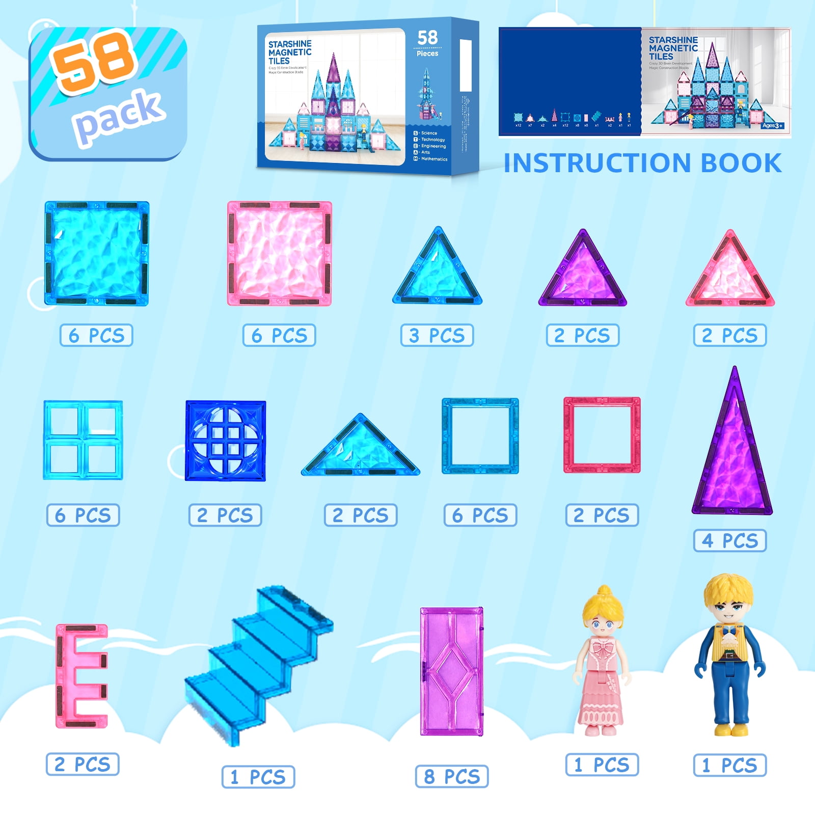 FunMagic Magnetic Tiles, Shining Sparkle Magnetic Toys for Girls 3D Diamond Magnetic Building Blocks with 2 Dolls, STEM Sensory Educational Toys for Toddlers Kids