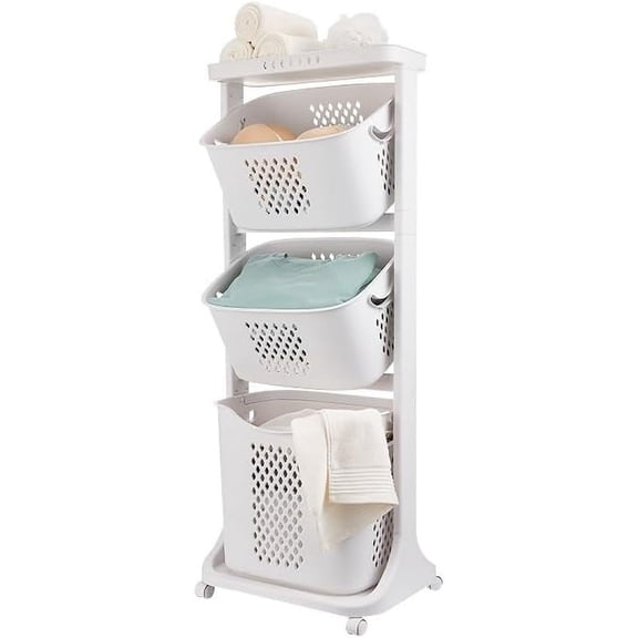 3 Layers Laundry Hamper Basket with Wheels, Removable Clothes Washing Storage Hamper Rolling Cart with Handle, Freestanding Laundry Basket Organizer for Bathroom Living Room Bedroom