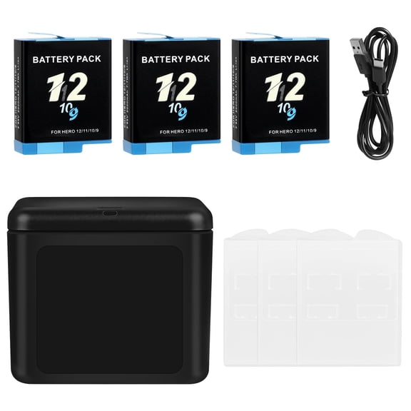 Battery Charger Kit for GoPro Hero 12 11 10 9, 3 Pack 2000mAh Battery   Triple Charge Case with Type-C Charging Cord for Go Pro 12 11 10 9 Batteries Accessories