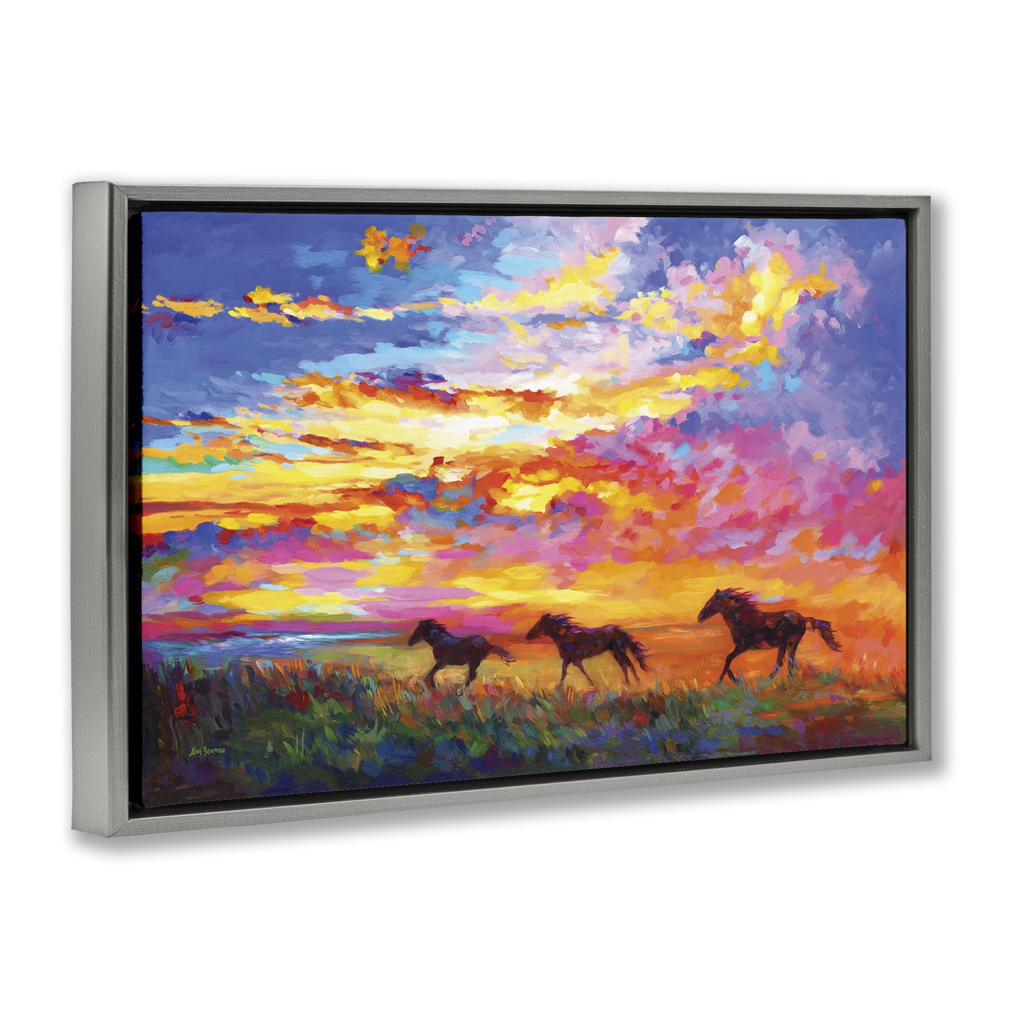 Stupell Industries Wild Horses at Sunset Landscape & Nature Painting Gray Floater Framed Canvas Art Print Wall Art, 25 x 17