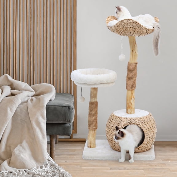 40" Wooden Cat Tree, Multi-Level Cat Tower with Jumping Platforms, Cat Condo & Basket Beds, Indoor Cat Furniture for Kittens and Cats