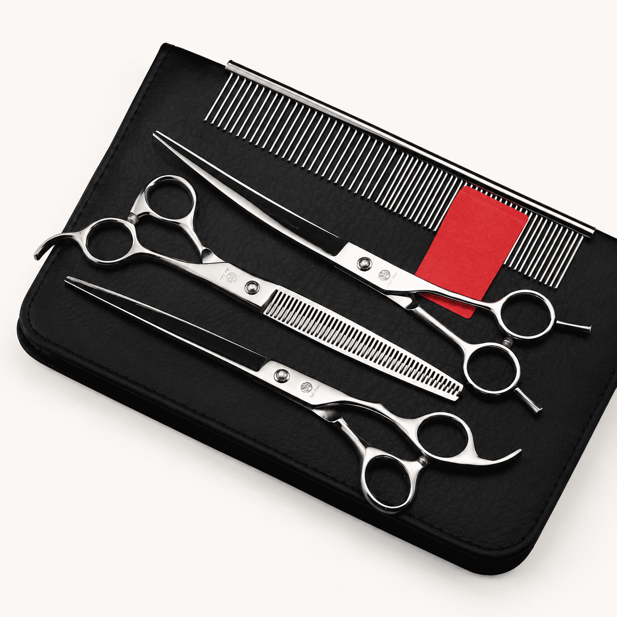 Dog Grooming Scissors Set with Anti-Shock Bag - Silver | Japanese 440C Steel Pet Grooming Shears Comfortable Grip Includes Curved Straight & Thinning Scissors with Silencer