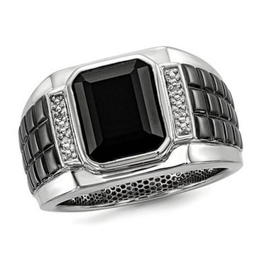 Mens Black Onyx Ring with Accent Diamonds in Black Rhodium Plated Sterling Silver